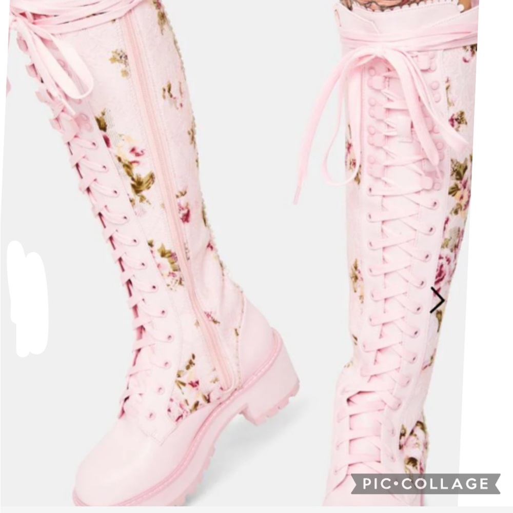 Sugar Thrillz Dolls Kill ON THE VINE FLORAL LACE KNEE HIGH COMBAT BOOTS - Picture 2 of 12